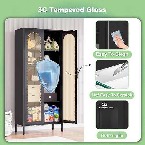 71" Tall Black Glass Display Cabinet with 4 Shelves F94395