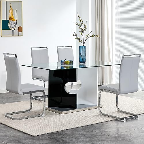 5 Piece Glass Dining Table Set with 4 PU Leather Chairs W43048