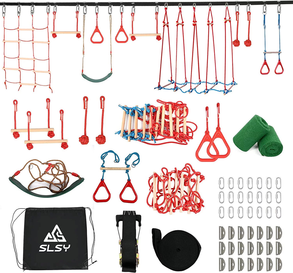 60FT Durable Ninja Slackline Kit with 10 Obstacles & Bag D4632