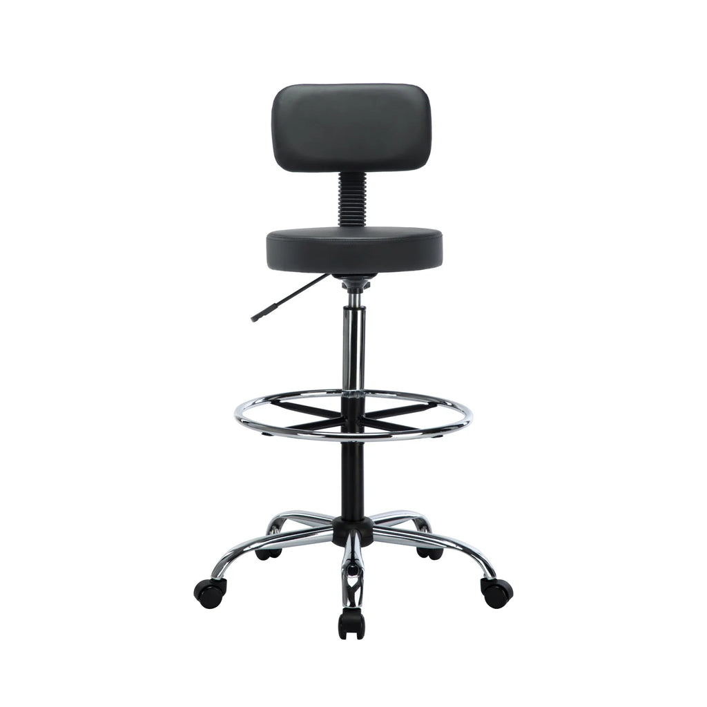 Black Faux Leather Drafting Stool with Backrest and Rolling Wheels E6268