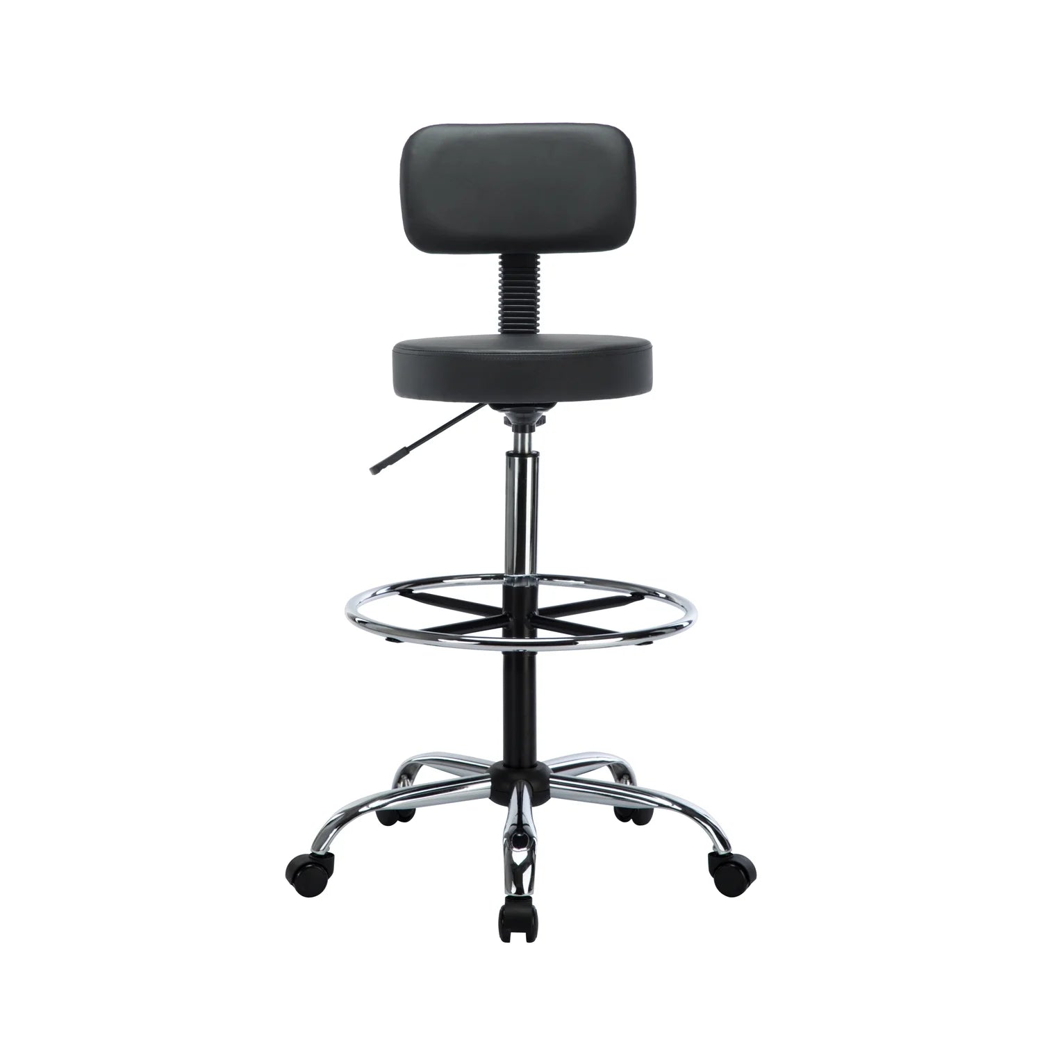 Black Faux Leather Drafting Stool with Backrest and Rolling Wheels E6268