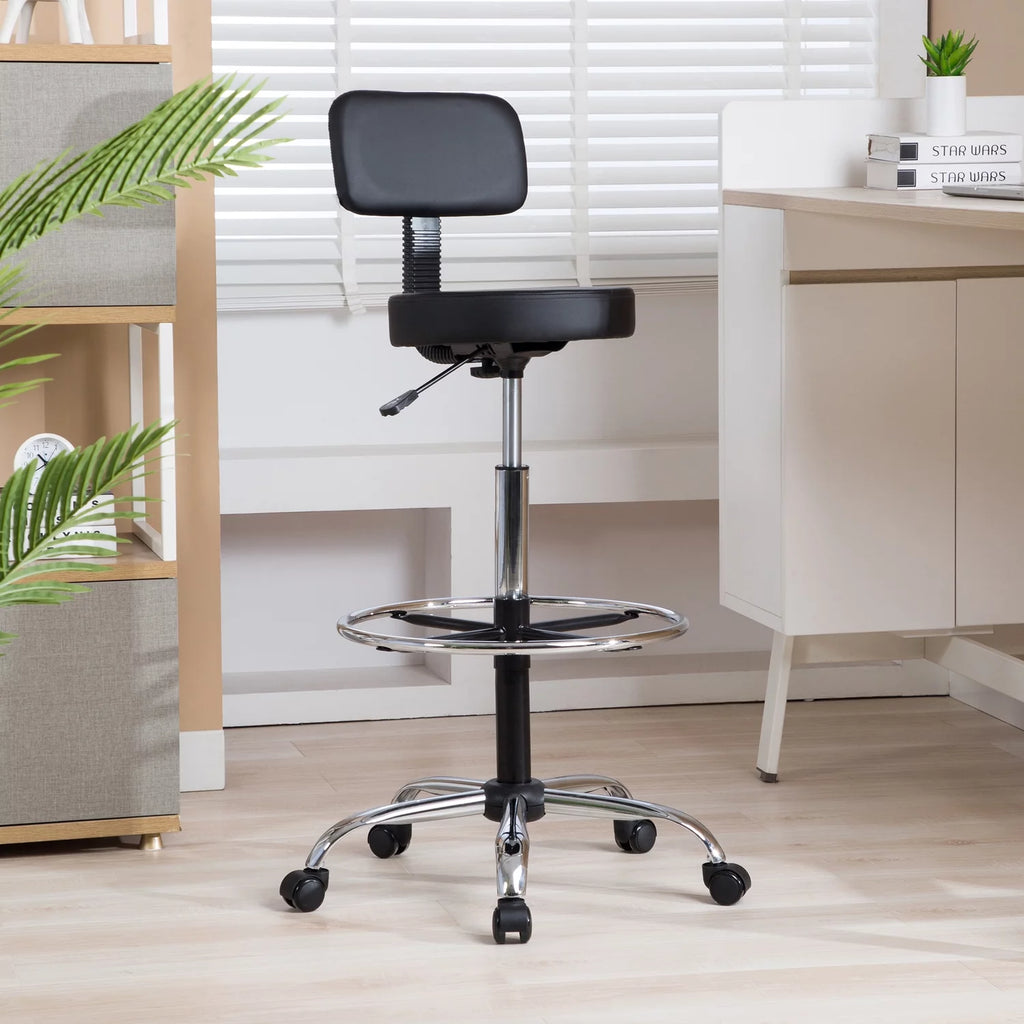 Black Faux Leather Drafting Stool with Backrest and Rolling Wheels E6268