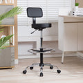 Black Faux Leather Drafting Stool with Backrest and Rolling Wheels E6268