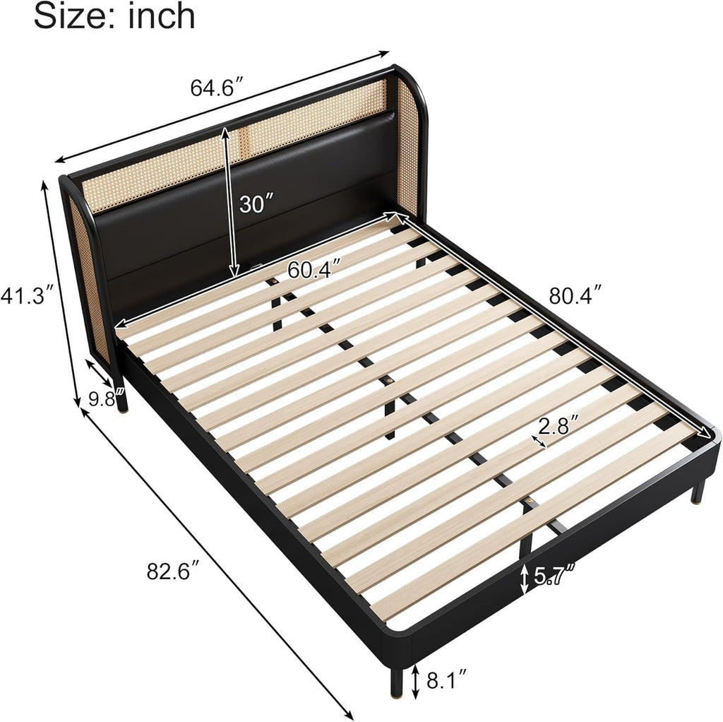 Queen Size Rattan Platform Bed with Wingback Headboard J588