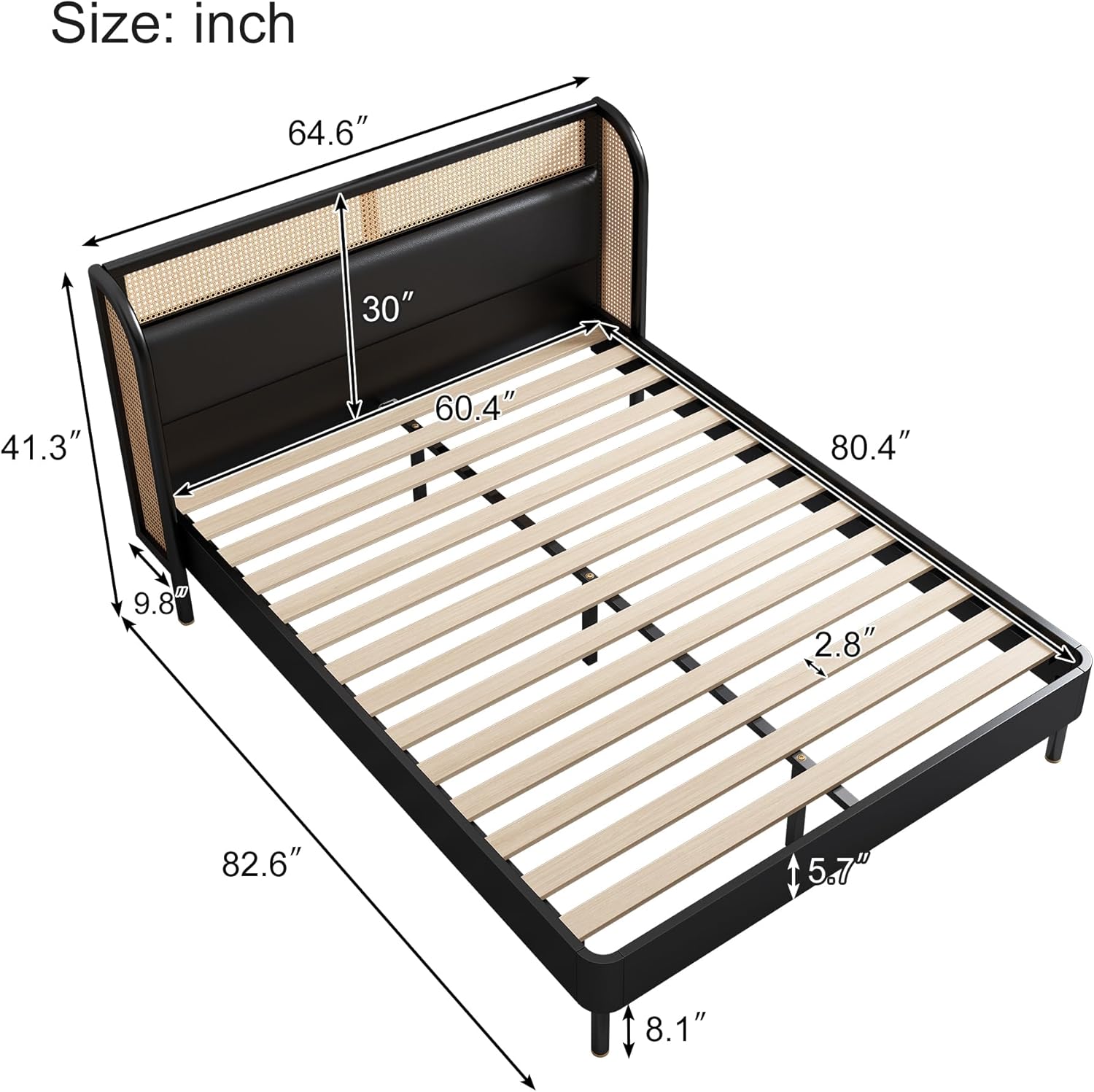 Queen Size Rattan Platform Bed with Wingback Headboard J588