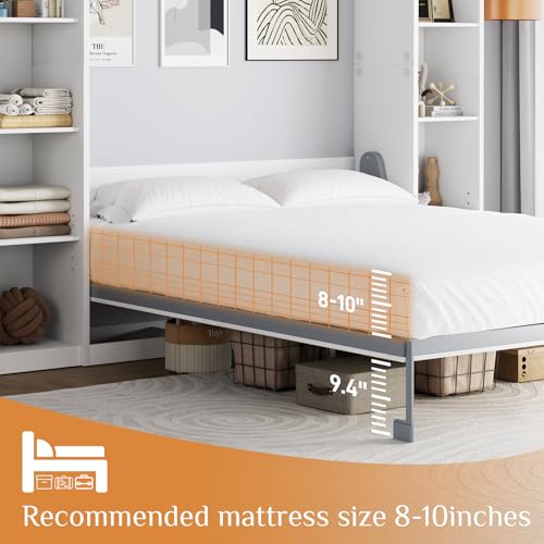 Queen Murphy Bed Cabinet with 5-Tier Adjustable Storage Shelves, Grey Wood Foldable Platform Bed E6897