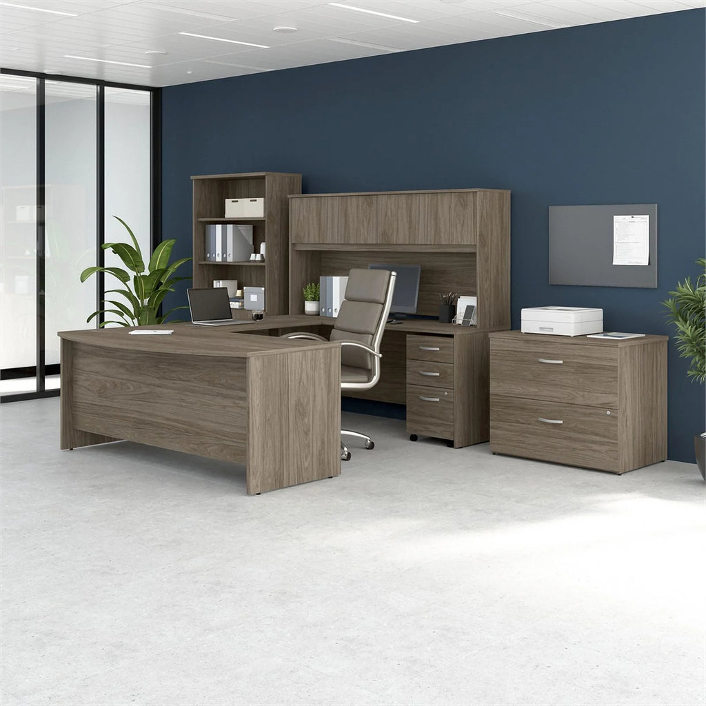 Engineered Wood 72W U Desk with Hutch and Storage in Modern Hickory F579154