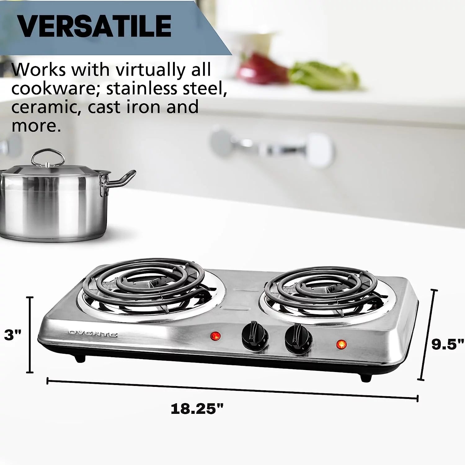Silver Electric Countertop Double Burner with Stainless Steel Coil Hot Plates A183