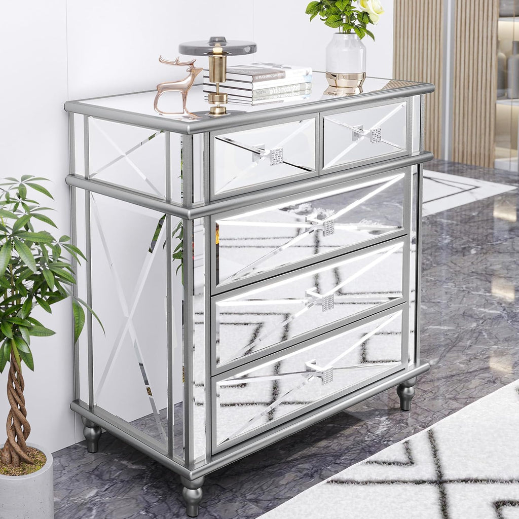 Silver Mirrored 5 Drawer Dresser with Wood Legs B9035