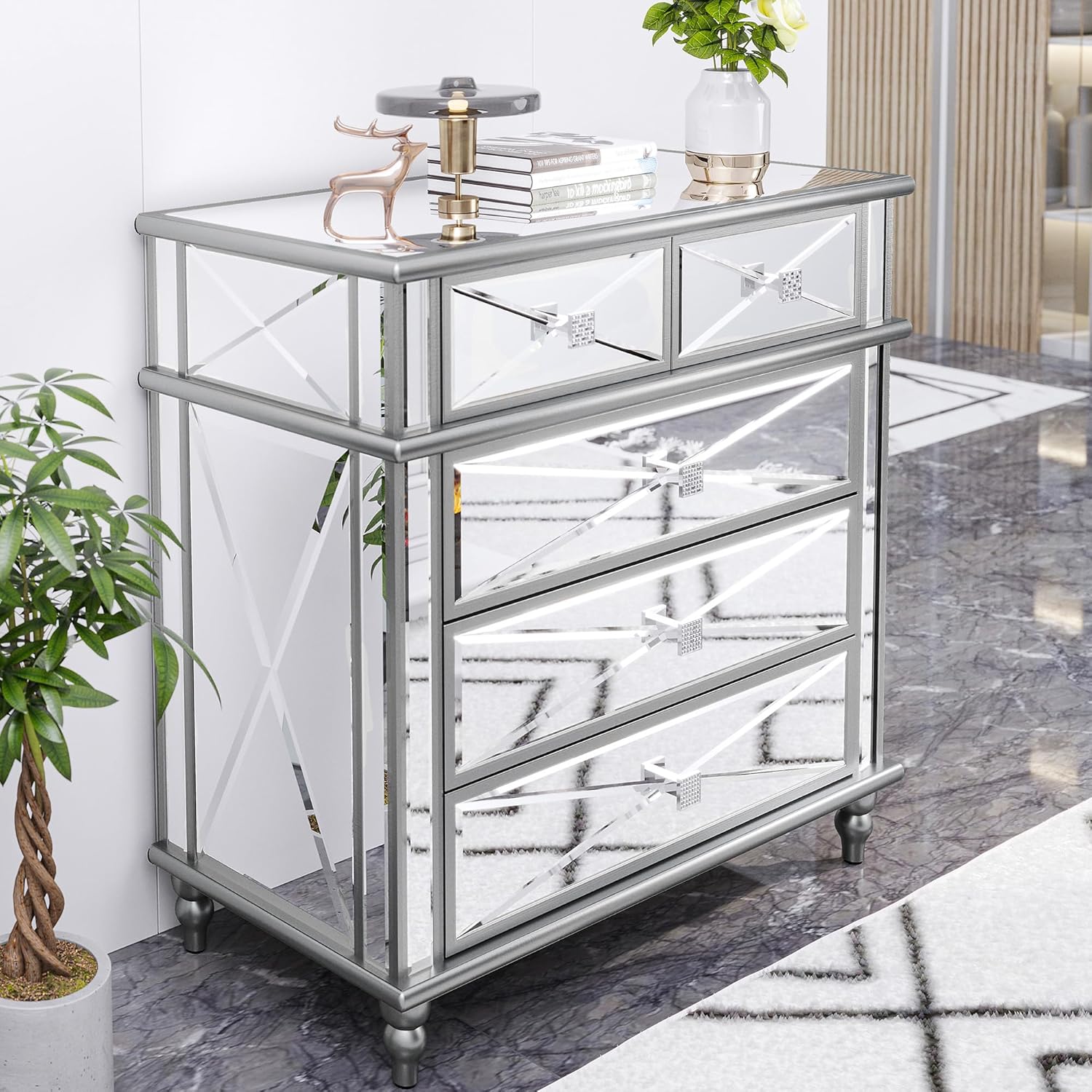 Silver Mirrored 5 Drawer Dresser with Wood Legs B9035