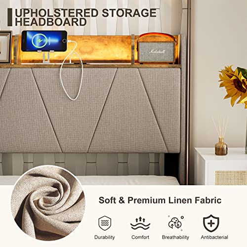 King Bed Frame with Charging Station and Storage Shelf Headboard, Upholstered LED Bed Frame with Solid Wood Slats, Light Brown R147