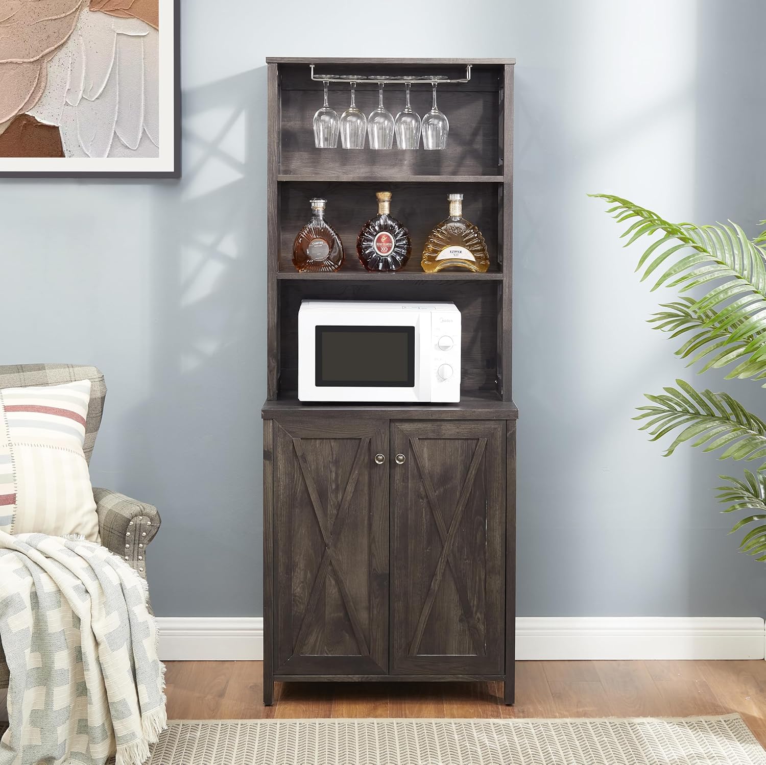 Charcoal Gray Coffee Bar Cabinet with Microwave Stand K48557