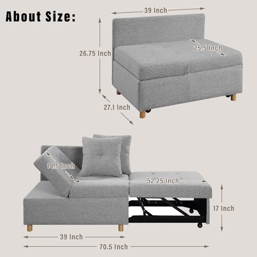 Light Gray Linen Convertible Sleeper Sofa Chair with 2 Throw Pillow A6467