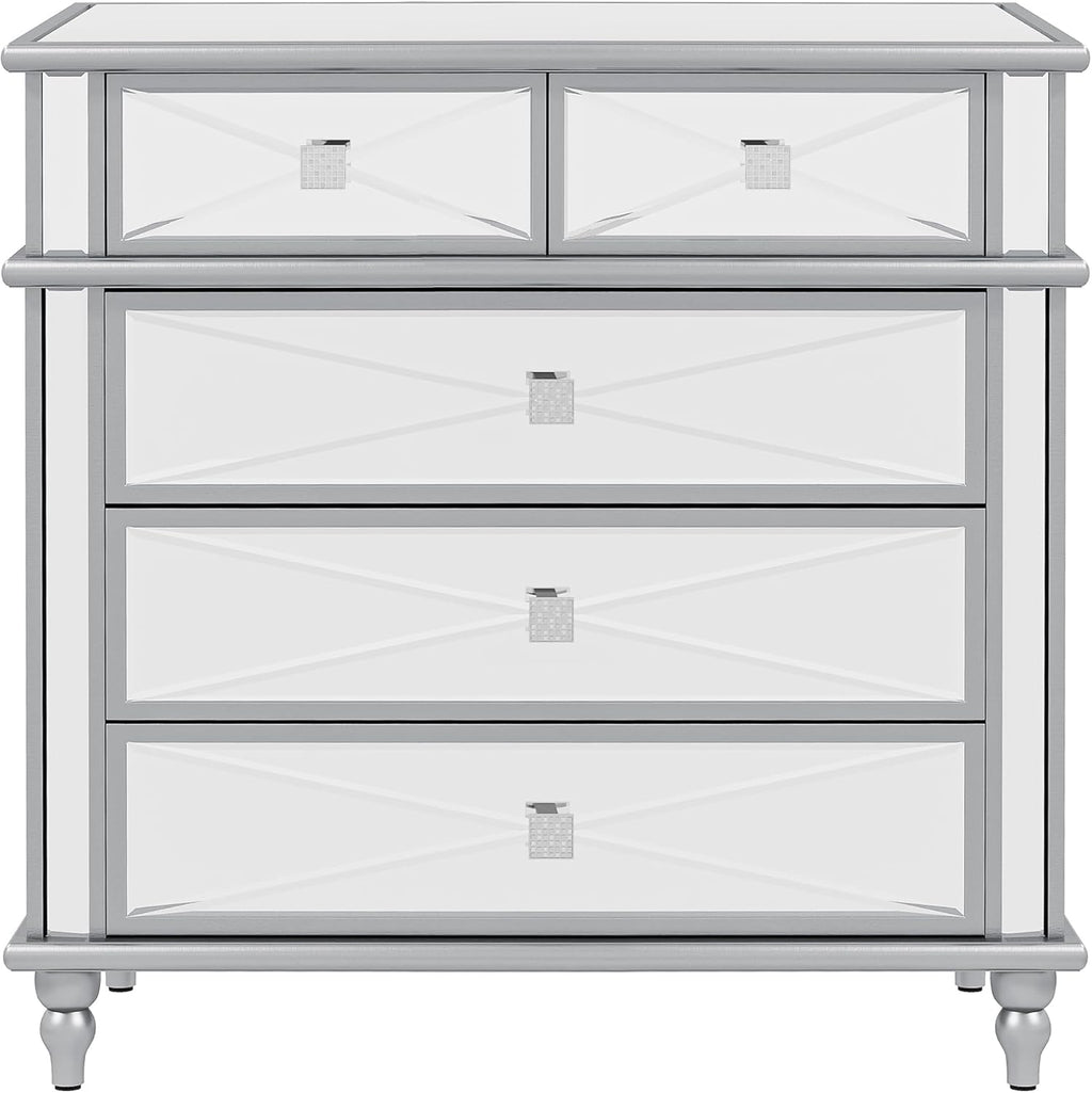 Silver Mirrored 5 Drawer Dresser with Wood Legs B9035