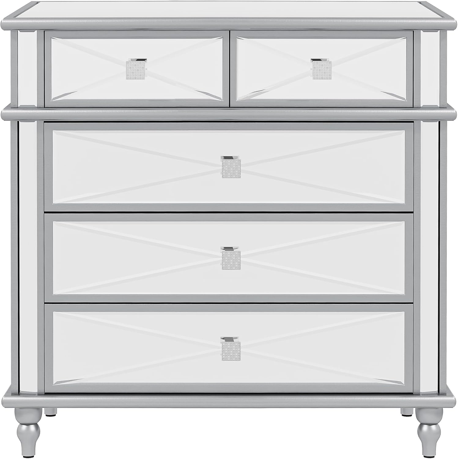 Silver Mirrored 5 Drawer Dresser with Wood Legs B9035