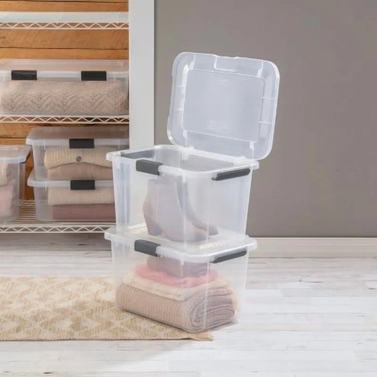 30qt Plastic Storage Tote with Hinged Lid W727733