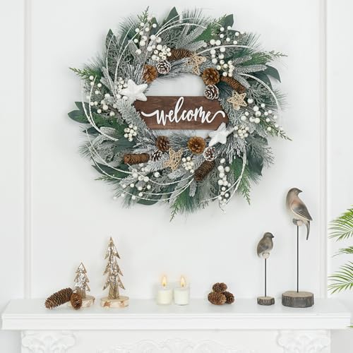 24 Inch Artificial Outdoor Christmas Wreath with Pinecones, White Berries and Welcome Sign W40620