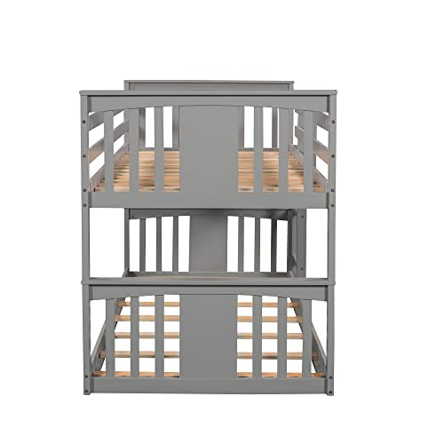 Gray Solid Wood Twin over Twin Bunk Bed with Ladder and Guard Rail Z24335