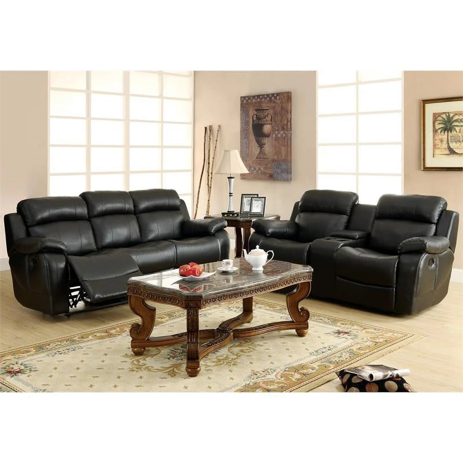 Black Faux Leather Double Glider Reclining Loveseat Q314171