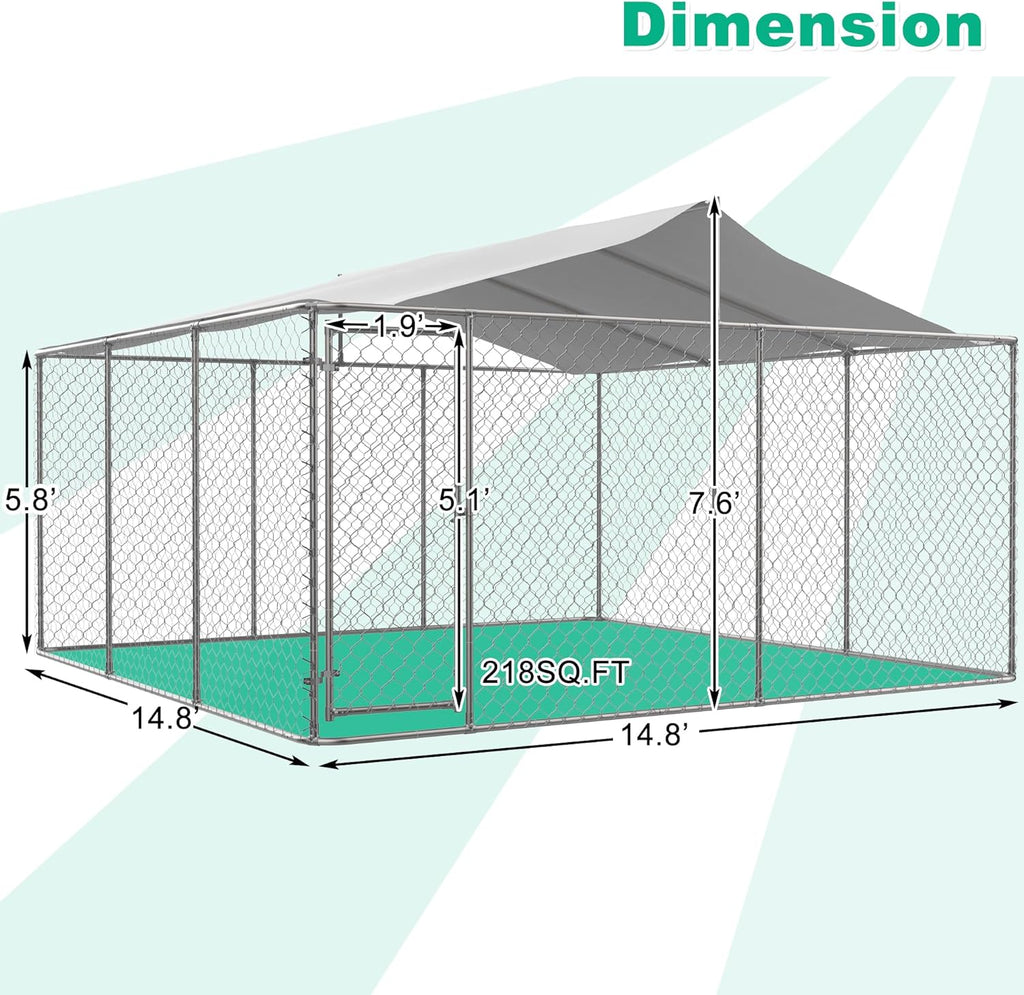 Large Outdoor Dog Kennel with Roof, Chain Link Enclosure, Galvanized Steel, 177.6 x 177.6 x 91.2 Inch I4390