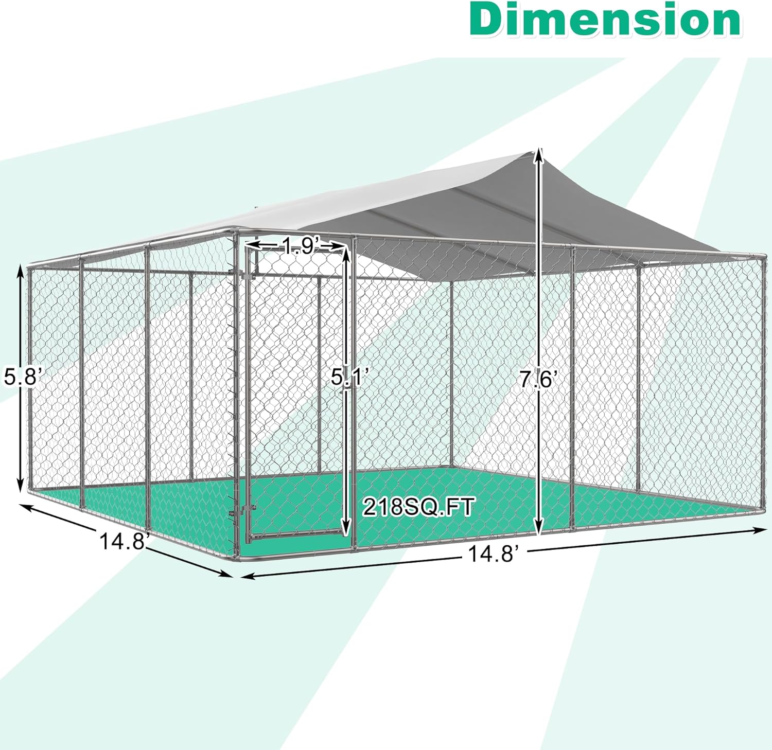 Large Outdoor Dog Kennel with Roof, Chain Link Enclosure, Galvanized Steel, 177.6 x 177.6 x 91.2 Inch I4390