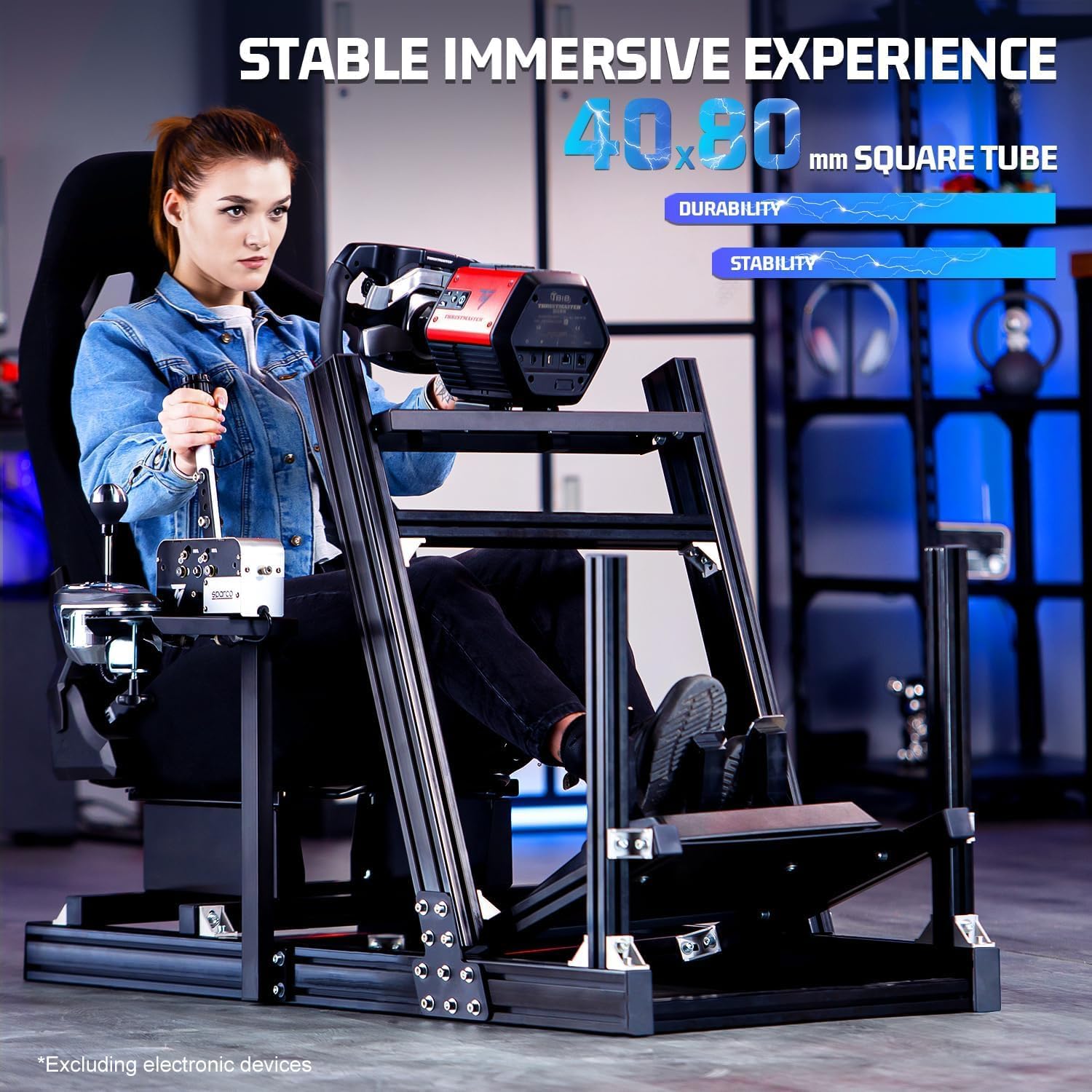 Racing Simulator Cockpit with Monitor Stand and Black Seat Q201