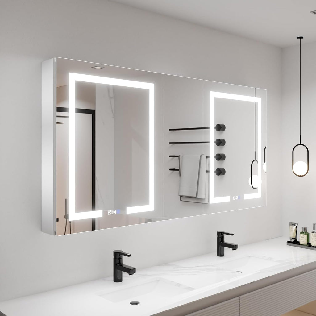LED Lighted Bathroom Medicine Cabinet with Mirror, 60 x 30 Inch, with Extra Closed Storage Cabinet P760404