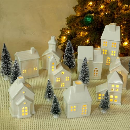 22 Pcs Ceramic Christmas Village Set with Light Include 9 Lighted Village Houses 13 Christmas Trees White Roof T991356
