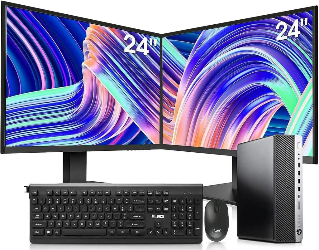 Desktop PC Intel i7-6700 32GB DDR4 1TB NVMe SSD 2TB HDD Dual 24-Inch Monitors Wireless Keyboard and Mouse Win 10 Pro Black Silver W95556