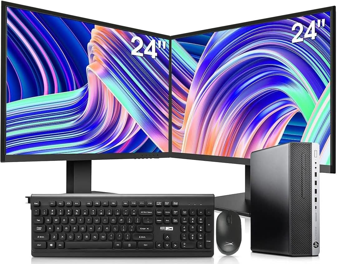 Desktop PC Intel i7-6700 32GB DDR4 1TB NVMe SSD 2TB HDD Dual 24-Inch Monitors Wireless Keyboard and Mouse Win 10 Pro Black Silver W95556