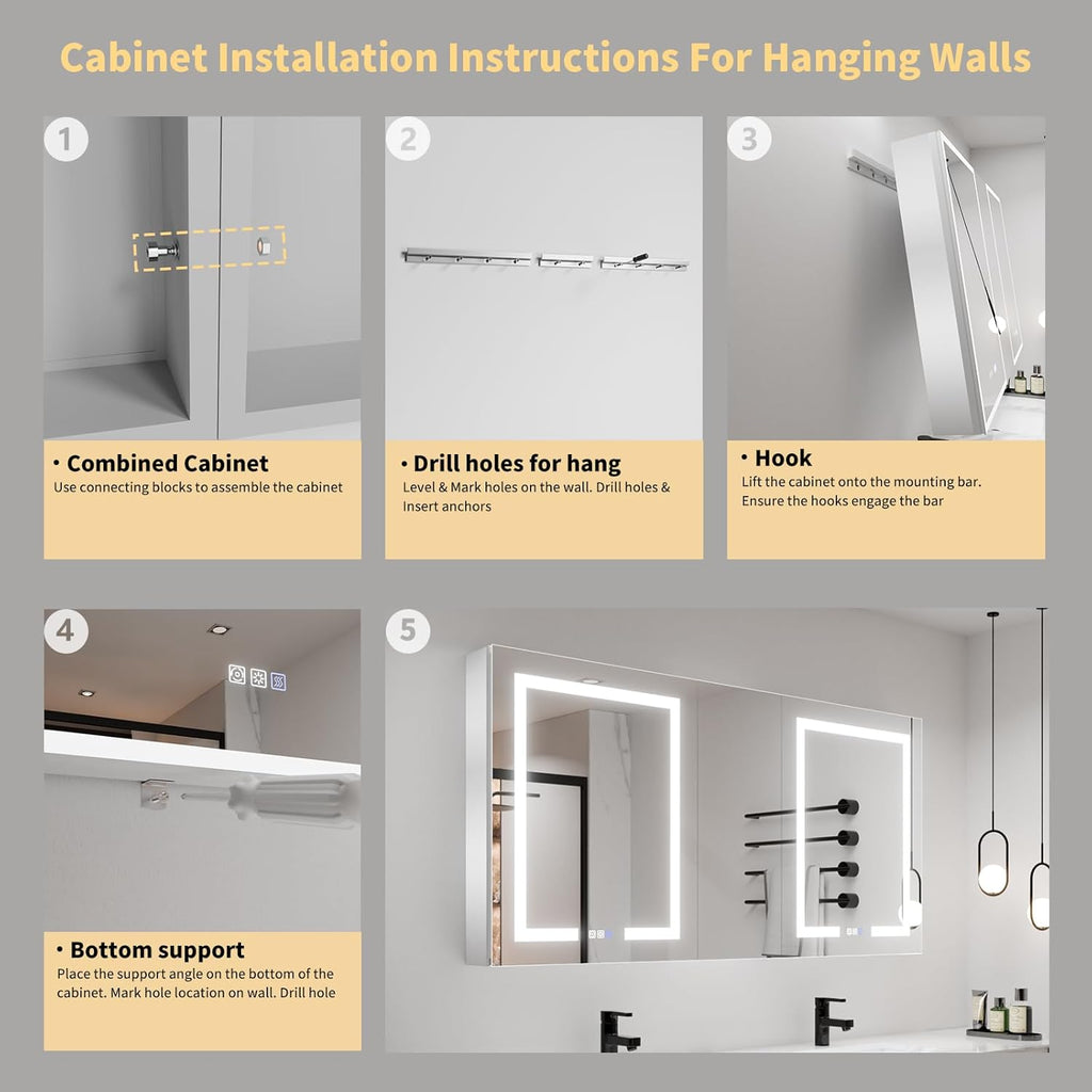 LED Lighted Bathroom Medicine Cabinet with Mirror, 60 x 30 Inch, with Extra Closed Storage Cabinet P760404