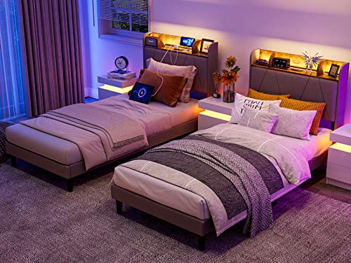 King Bed Frame with Charging Station and Storage Shelf Headboard, Upholstered LED Bed Frame with Solid Wood Slats, Light Brown R147