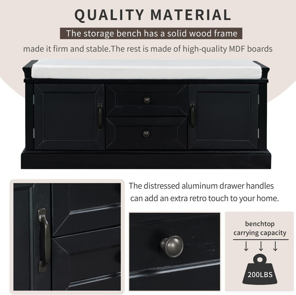 Black Storage Bench with 2 Drawers and 2 Cabinets with Removable Cushion V997276