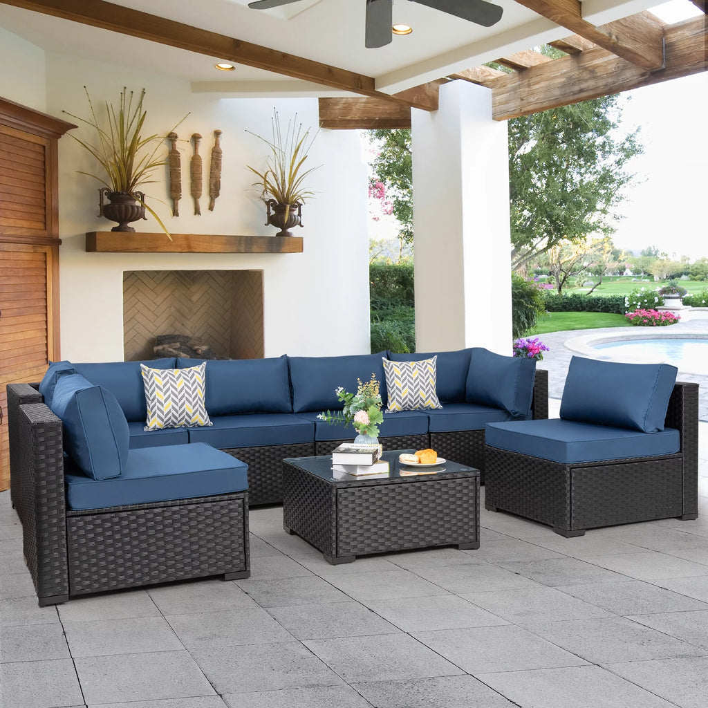 7 Pieces Black Wicker Outdoor Sectional Sofa Set with Tea Table and Cushions A761299