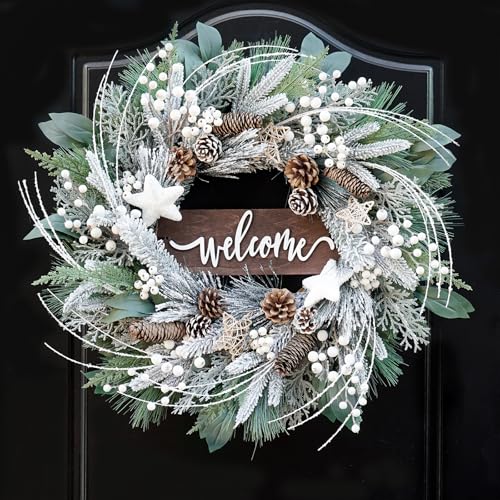 24 Inch Artificial Outdoor Christmas Wreath with Pinecones, White Berries and Welcome Sign W40620