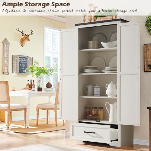 White 72" Tall Wood Rustic Storage Cabinet with Adjustable Shelves and Drawer T958742