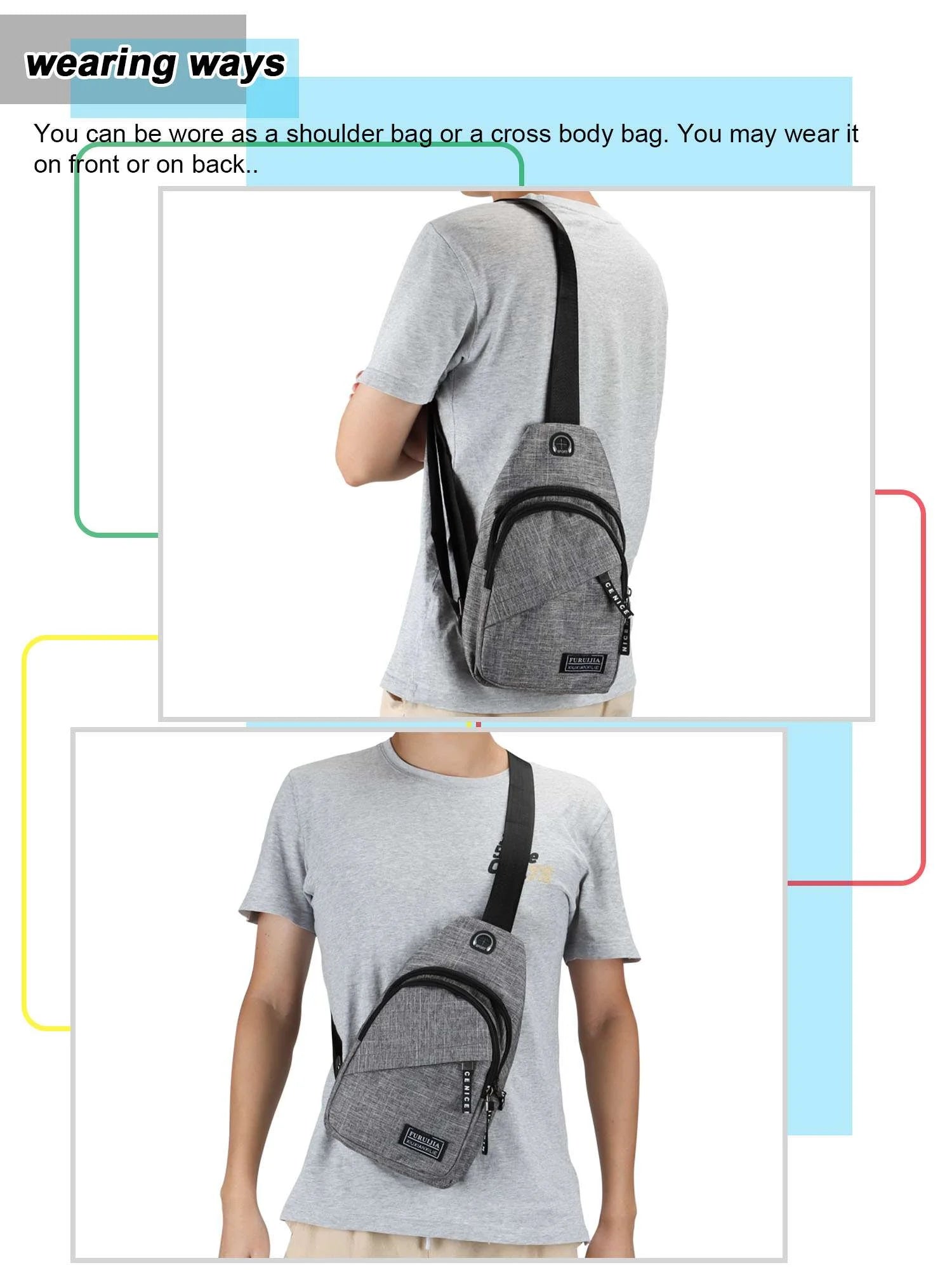 Small Casual Sling Bag Crossbody Backpack with Adjustable Shoulder Strap Black & Gray X3672