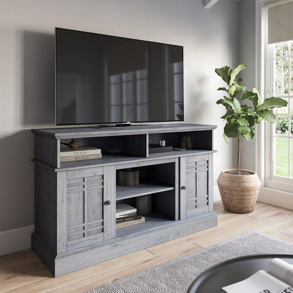 Gray Wash Wood TV Stand with Open Storage Shelves & Cabinets F8234