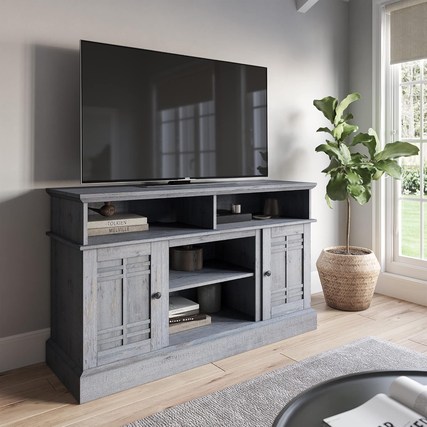 Gray Wash Wood TV Stand with Open Storage Shelves & Cabinets F8234