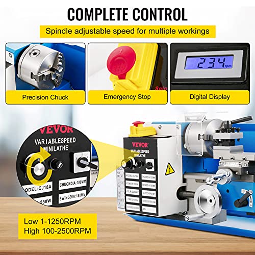 7"x14" 550W Variable Speed Metal Lathe with 3-jaw Chuck Digital Display F994