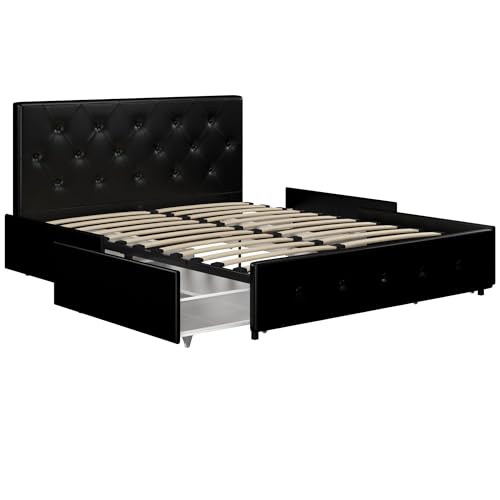 King White Faux Leather Upholstered Platform Bed with Underbed Storage Drawers S2442