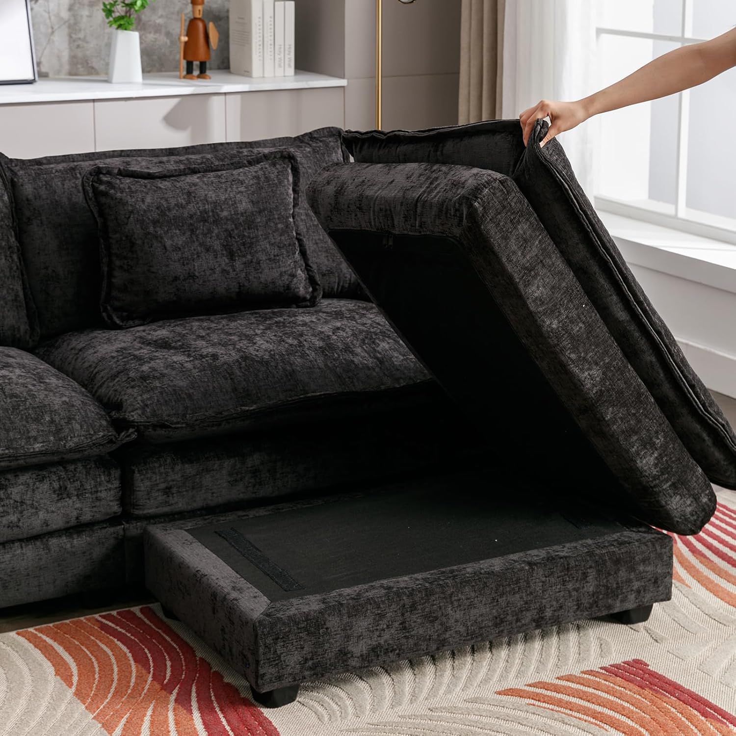 Black Chenille L-Shaped Sectional Sofa with Ottoman B505
