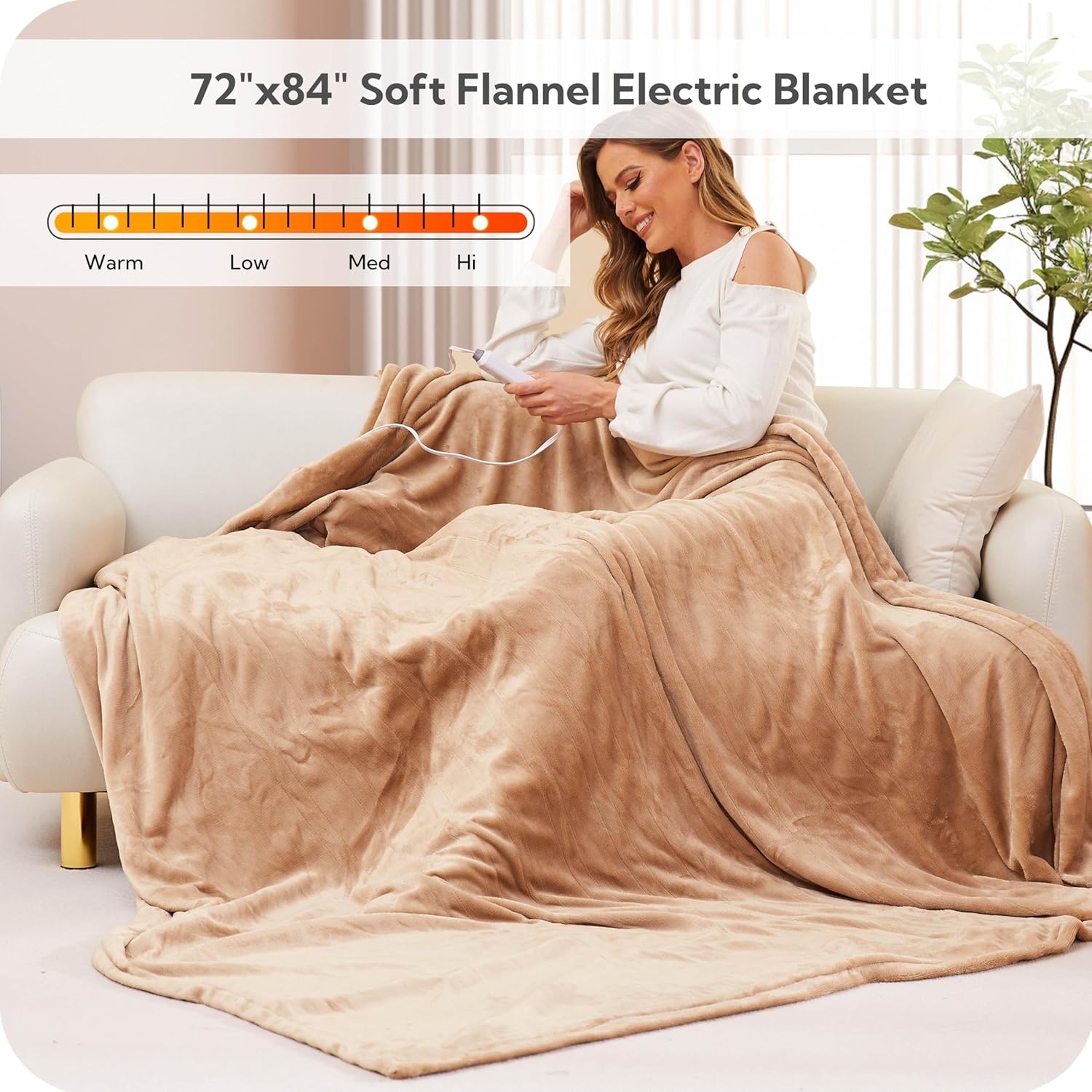 Light Brown Full Size Flannel Heated Blanket J14227
