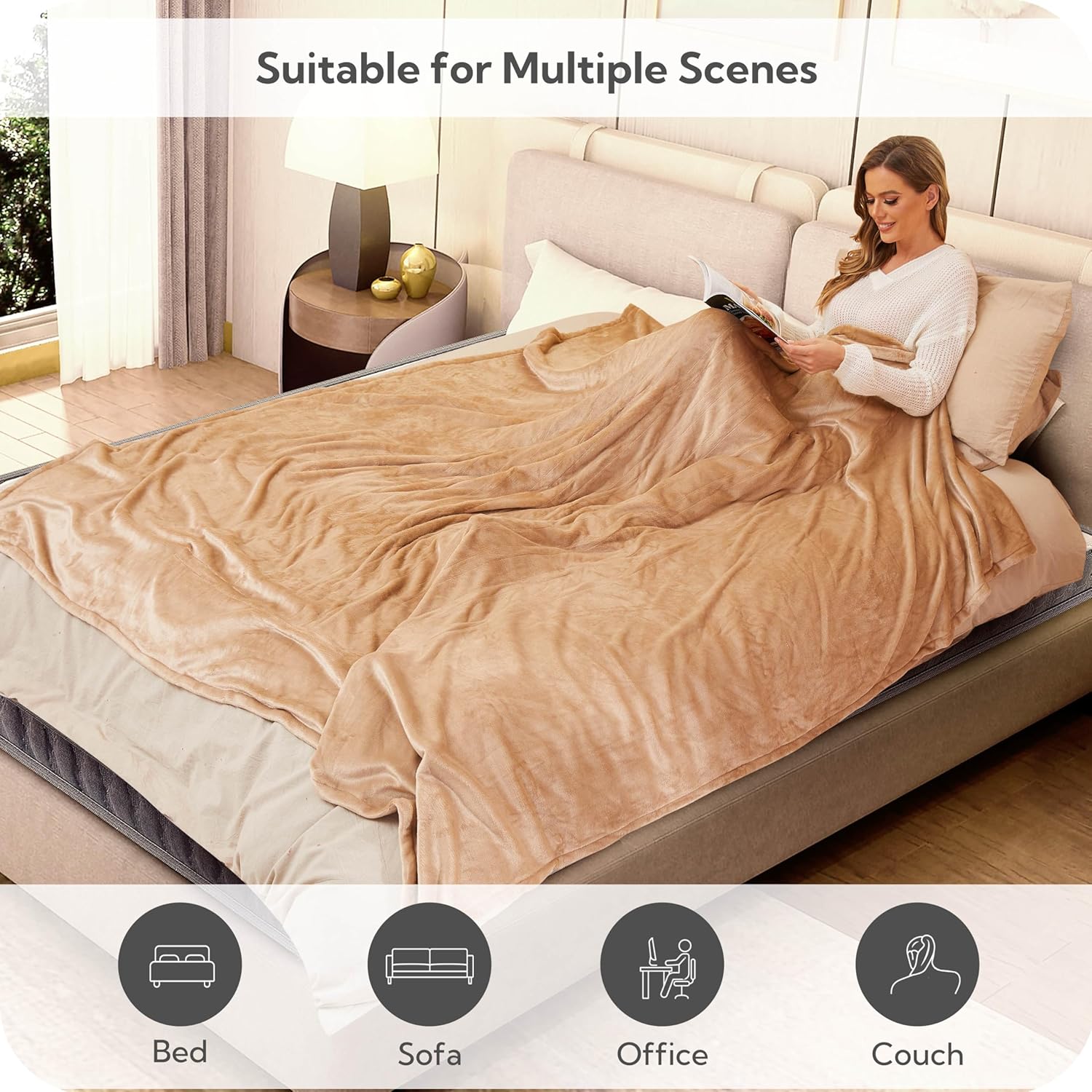 Light Brown Full Size Flannel Heated Blanket J14227