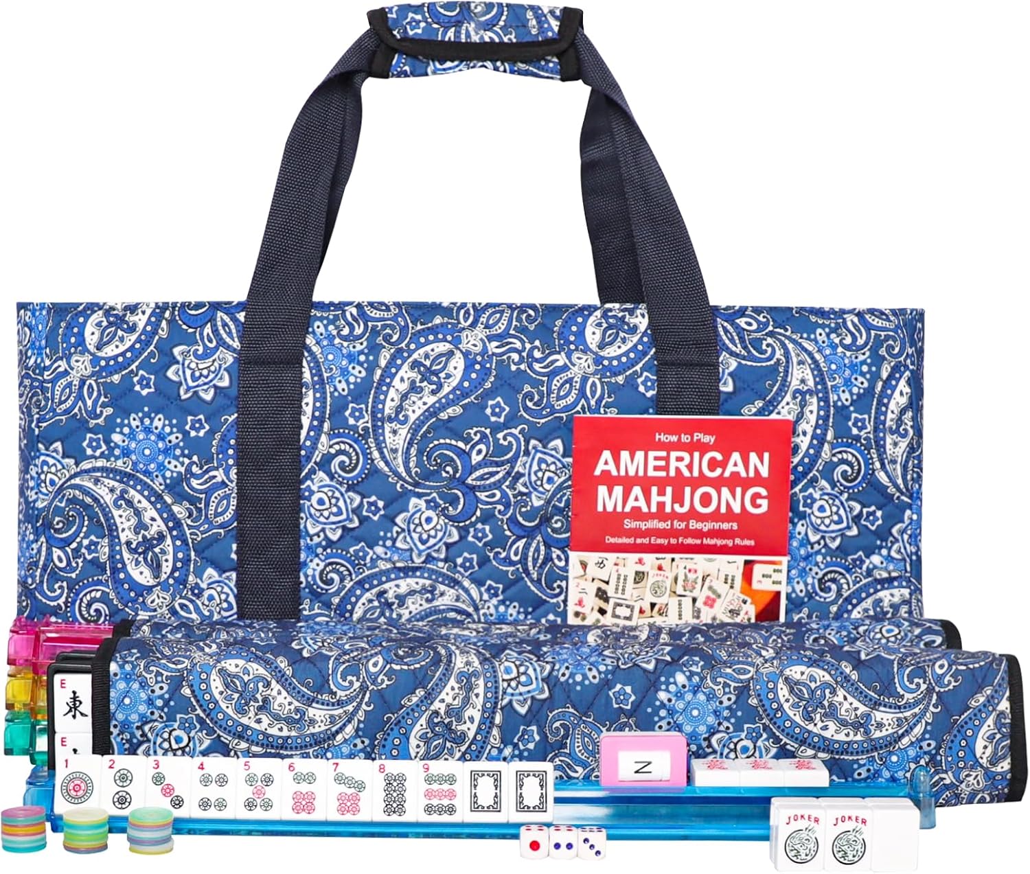166 Quality White Tiles Mahjong Game Set with Blue Printed Carrying Bag K740493