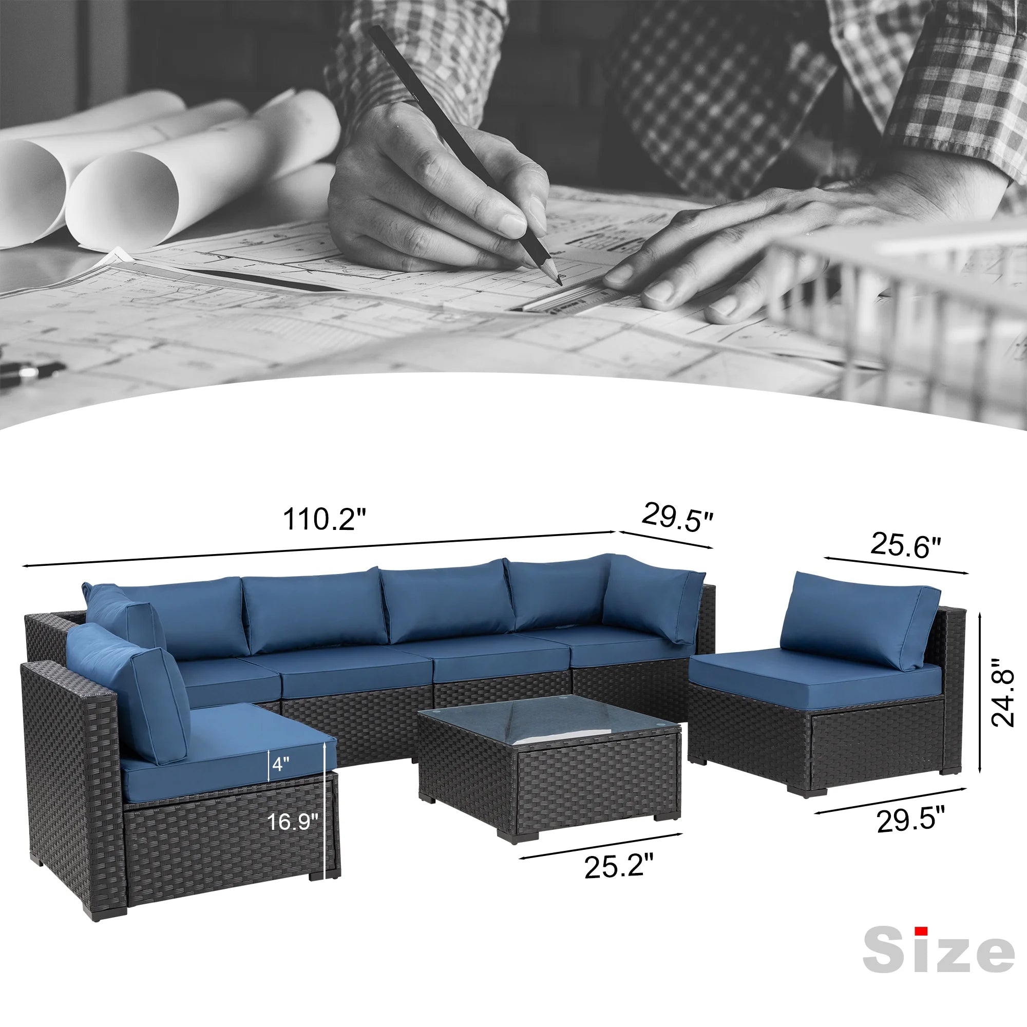 7 Pieces Black Wicker Outdoor Sectional Sofa Set with Tea Table and Cushions A761299