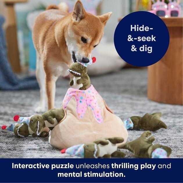 Birthday Volcano Dinosaurs Hide Seek Puzzle Plush Squeaky Dog Toy I18636