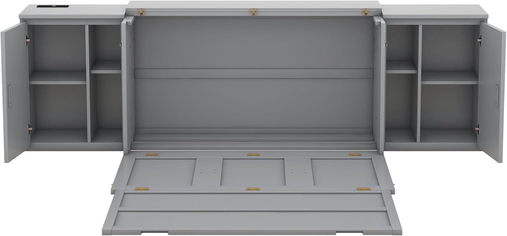 Queen Size Wooden Murphy Bed with Storage Shelves and Cabinets N801804