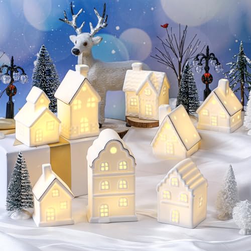 28 Pcs Ceramic LED White Christmas Village Set with Houses, Trees, Lamp Post Z32937