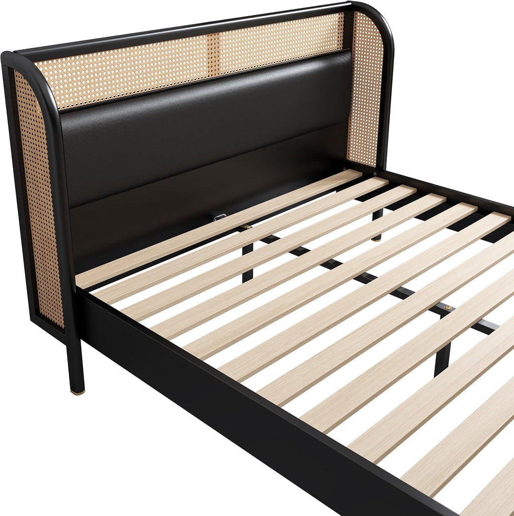 Queen Size Rattan Platform Bed with Wingback Headboard J588